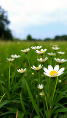 Field daisy flower green nature outdoor white meadow summer landscape create peaceful scene