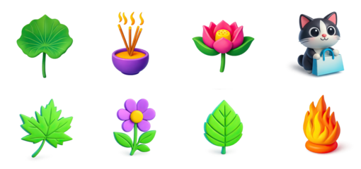 A cat sitting on a green leaf with a purple bowl and a pink flower in the background.