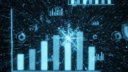 Blue data visuals display pie charts bar graphs and globes against a dark background radiating from a central light source - Powered by Adobe