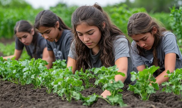Four young women work in a garden row, tending to leafy green plants in the soil. They are all dressed similarly, focused on their task under an overcast sky with lush greenery behind them