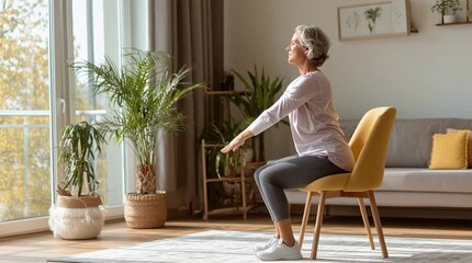 70-Year-Old Woman Doing Stretching Exercises at Home - Active Senior Lifestyle and Healthy Aging Concept
