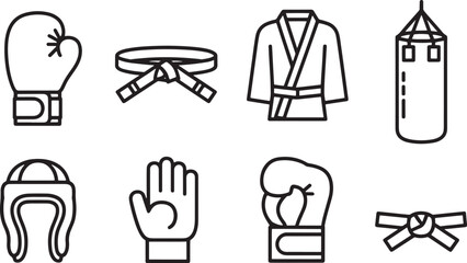 Martial arts icons set with belt gi open hand and boxing glove, combat sports outline vector illustration