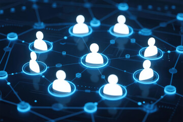 Abstract digital network of interconnected human icons with glowing blue lines on dark background, representing technology, social connection and data communication concept.