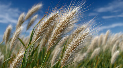 Whispering Fields: A vibrant display of golden-hued grains, swaying gently against the backdrop of a brilliant blue sky, embodying the serenity of the natural world.