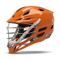Orange lacrosse helmet with chrome protective facemask and ventilation system, isolated professional sports safety headgear photography