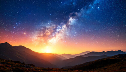 Milky way sunrise mountain landscape