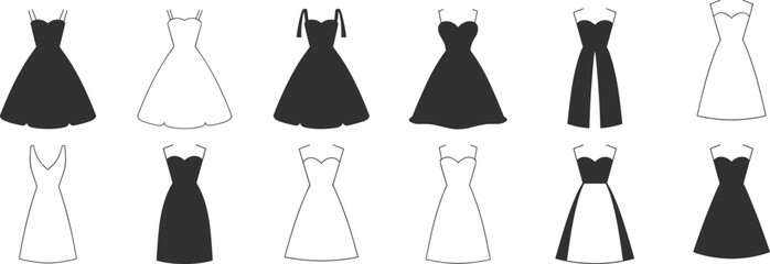 Stylish women dress silhouettes, vector dress collection, flat black and white gown icons, fashion clothing design elements for branding