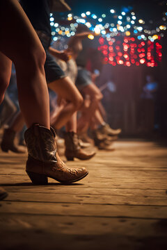 Dancing feet in cowboy boots on wooden floor under colorful lights during a lively country dance event at night