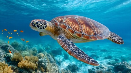 Obraz premium Sea turtle swimming over coral reef with tropical fish