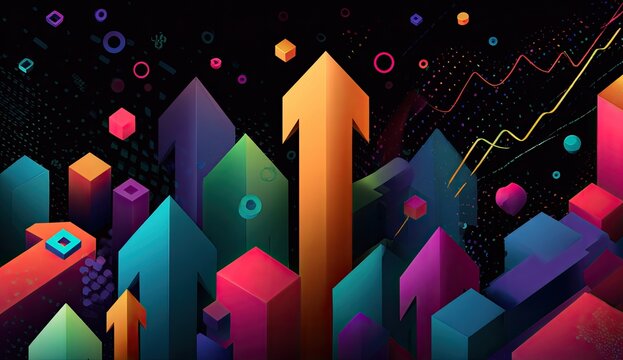 Abstract graphic with upward-pointing arrows, colorful 3D shapes, and data visualizations
