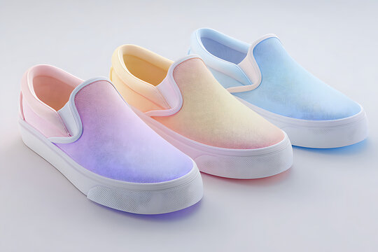 Pastel slip-on sneakers in pink, yellow and blue shades for trendy summer style, perfect for casual wear or fashionable outfit accents, youth fashion - Powered by Adobe