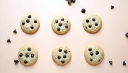 Chocolate chip cookie, dessert, sweet, snack, round, peach background, scattered chips