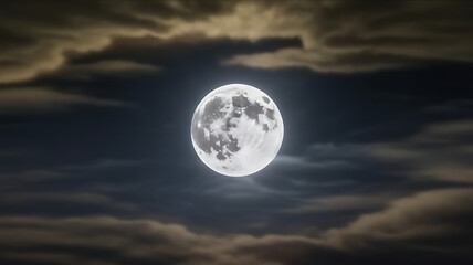 A full moon is visible through wispy clouds at night.