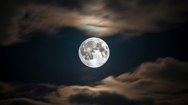 A full moon is visible through wispy clouds at night.