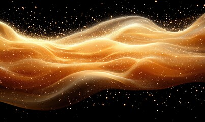 Abstract golden waves swirl against a black background, punctuated by shimmering light particles, creating a dynamic, ethereal and flowing effect