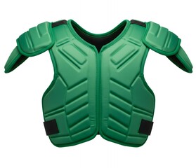 Green molded plastic protective chest guard with shoulder pads and black straps for field hockey goalkeeper isolated white