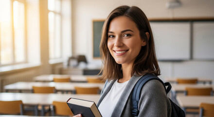 Portrait of a smiling young female college student holding a book