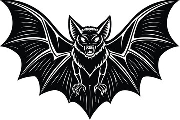 Fierce bat with wings spread wide in black and white illustration