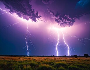 A single, powerful bolt of lightning illuminates the dark, stormy night sky over a field
