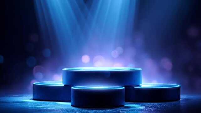 Bluelit stage with four cylindrical tiers creating a product presentation platform