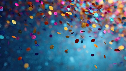 Colorful confetti in mid-air against a blurred blue background
