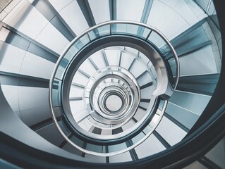 Fototapeta premium An aerial shot of a spiral staircase in a modern building, looking straight down to create a hypnotic geometric pattern.