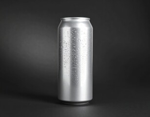 Silver soda can with condensation on a dark background, studio shot