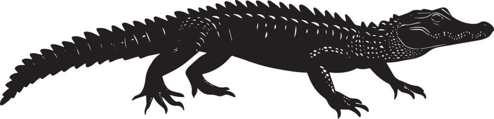 Obraz premium Crocodile advancing moving on land with legs bent, body close to the ground, and tail trailing behind in a full-length silhouette.