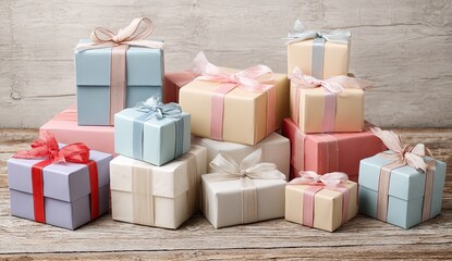 Stacked gift boxes in pastel colors.  Ribbons in various shades
