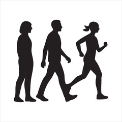 Black silhouette illustration set of human figures in standing, walking, and running poses