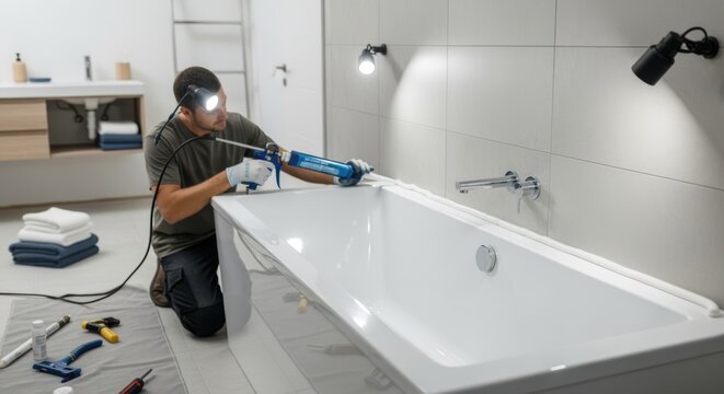 Wide shot of bathroom renovation focusing on bathtub recaulking as a critical step in mold prevention and moisture control.