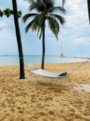 Tranquil hammock embrace between swaying palms, evokes languid Summer Solstice siesta, azure horizons, and barefoot sand whispers