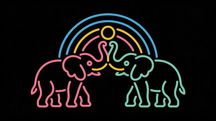 Fototapeta premium A neon sign featuring two elephants with trunks touching under a colorful rainbow.