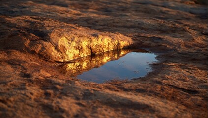 Golden puddle reflection on desert rock
