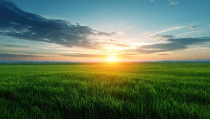Fototapeta premium Lush green field at sunset. Vast expanse of vibrant grass stretches to the horizon under a dramatic sky. Golden sun sets behind clouds