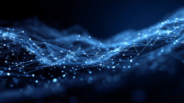 Abstract digital network connections with glowing dots, blue background, technology concept - Powered by Adobe