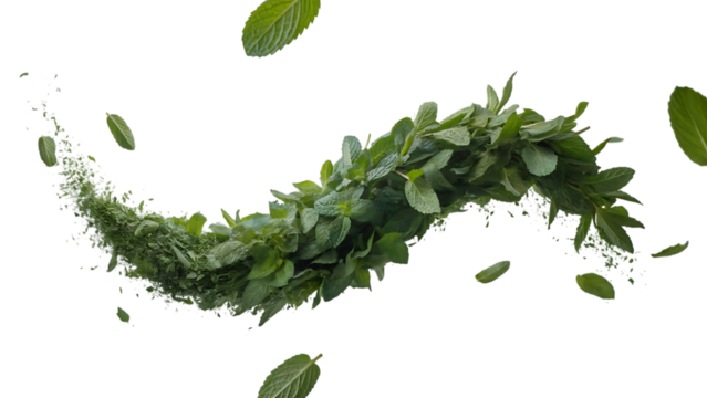 A wave of fresh green mint leaves isolated on transparent background, creating a refreshing and aromatic visual experience