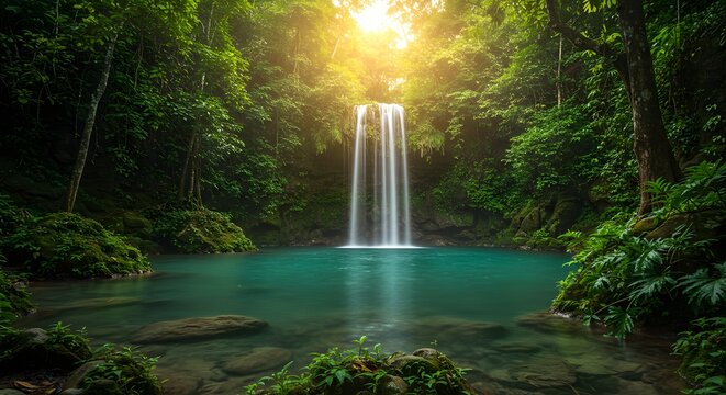 Sunlight waterfall in lush green tropical forest