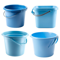Four blue buckets of different shapes for cleaning, construction, and household use