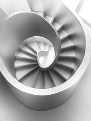 An aerial shot of a spiral staircase in a modern building, looking straight down to create a hypnotic geometric pattern.