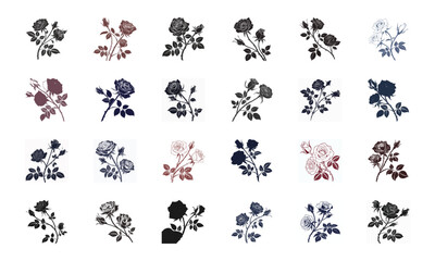 Collection of 12 Elegant Floral Silhouette and Color Illustrations Featuring Roses, Lotus, Lilies, Hibiscus, Daisies, Orchids, Sunflowers, Tulips and Decorative Mandala Flower Designs for Decorative