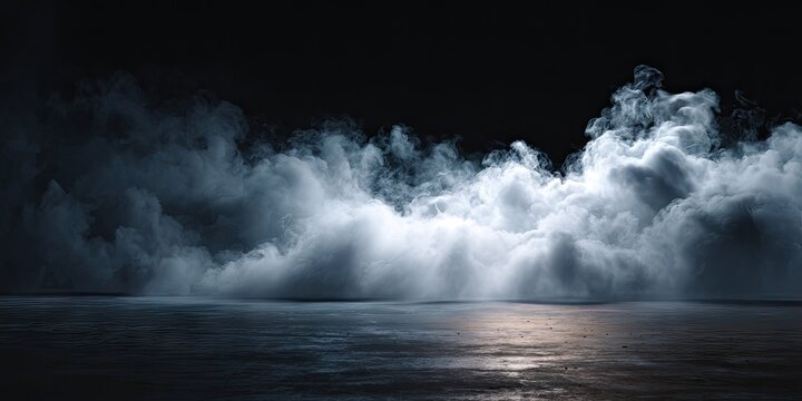 Dense fog or smoke blankets a dark, flat surface - Powered by Adobe