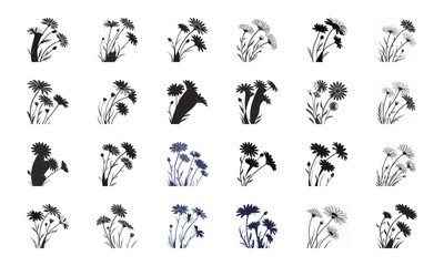 Collection of 12 Elegant Floral Silhouette and Color Illustrations Featuring Roses, Lotus, Lilies, Hibiscus, Daisies, Orchids, Sunflowers, Tulips and Decorative Mandala Flower Designs for Decorative