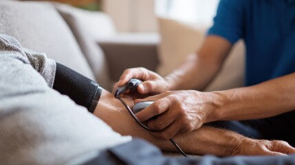 Obraz premium Midshot capturing a paramedic applying ultrasound gel and positioning the probe on a patients arm seated on a sofa emphasizing precision in home medical care.