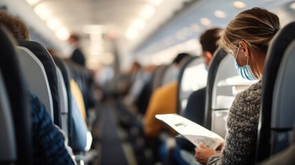 Middle shot of airplane seat occupied by a masked passenger studying a measles awareness document while blurred aisle and fellow travelers appear in the background.