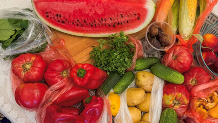 Bounty of vibrant summer harvest, featuring luscious watermelon and eclectic produce, celebrating Lughnasadh and culinary terroir magic