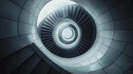 Obraz premium An aerial shot of a spiral staircase in a modern building, looking straight down to create a hypnotic geometric pattern.