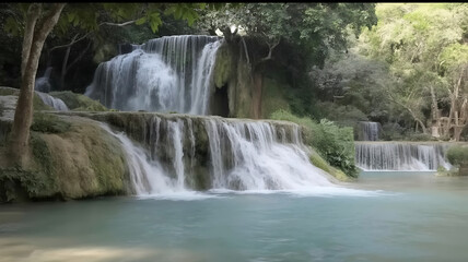 Fototapeta premium A tiered waterfall cascading into a turquoise pool surrounded by lush green foliage.