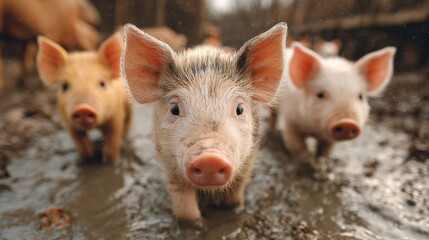 Cute piglets play in muddy farmyard while enjoying a sunny day outdoors with their family