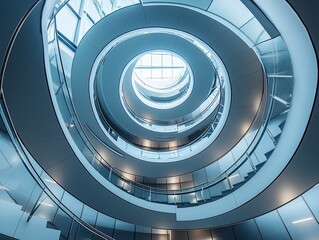 Fototapeta premium An aerial shot of a spiral staircase in a modern building, looking straight down to create a hypnotic geometric pattern.